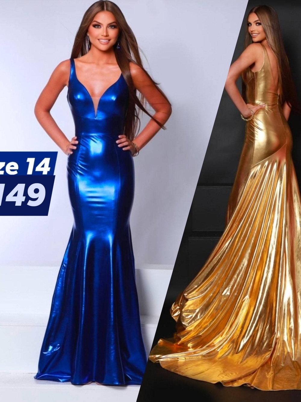 2 Cute Metallic V-Neck Mermaid Gown in Blue